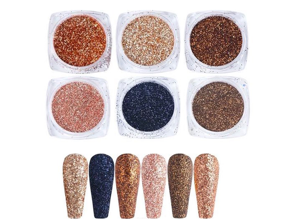 Glitter Poeder Nail Art Set - 6 Stuks - Goud / Navy / Brons - Gio Cosmetics