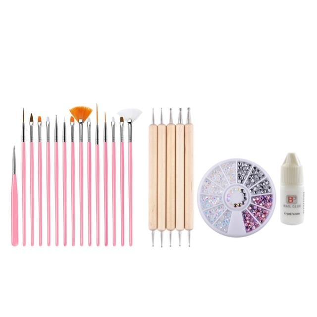 GUAPÀ - Nagel Penselen Set Roze + Rhinestones Parelmoer + Druppel & Dotting Pennen + Nagellijm - Nail Art, Acryl & Gel Nagels - 4 Delige Set - Gio Cosmetics
