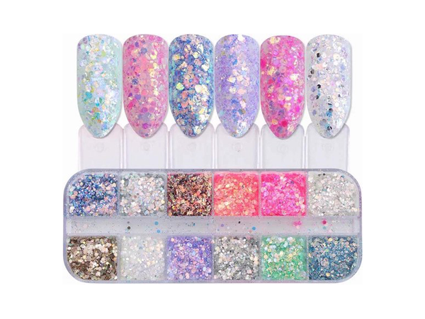 Glitter Poeder Nail Art Set Diverse Kleuren - 12 Stuks - Gio Cosmetics