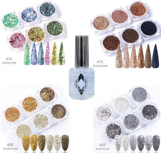 GUAPÀ - Nail Art Glitter Poeder & Nagel Versiering Set inclusief een Top Coat - Complete Set om je nagels te versieren - 5 Stuks - Gio Cosmetics
