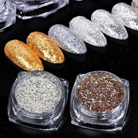 Glitter Poeder Nail Art Set - 8 Stuks - Goud / Zilver / Brons - Nagel Decoratie Strass - Gio Cosmetics
