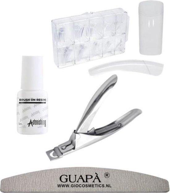GUAPÀ - Kunstnagel Set voor het zetten van Nagelverlenging - 100 stuks Transparant + 5 ml nagellijm + Tipknipper en Nagelvijl - Acrylnagels - Tips - Nepnagels pakket - Gio Cosmetics