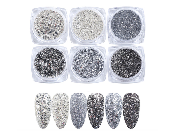 Glitter Poeder Nail Art Set Zilver - 6 stuks - Gio Cosmetics