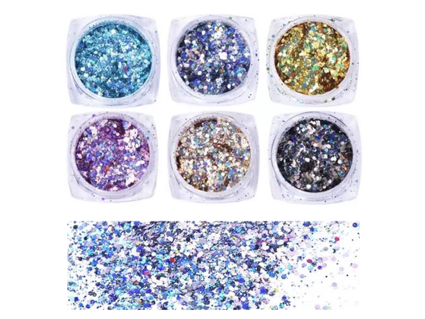 Glitter Poeder Nail Art Set Diverse Kleuren Stress - 6 stuks - Gio Cosmetics