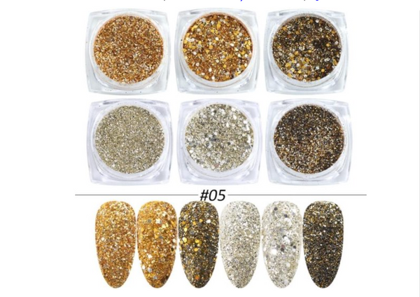 Glitter Poeder Nail Art Set - 6 Stuks - Goud / Zilver / Brons - Nagel Decoratie Strass - Gio Cosmetics