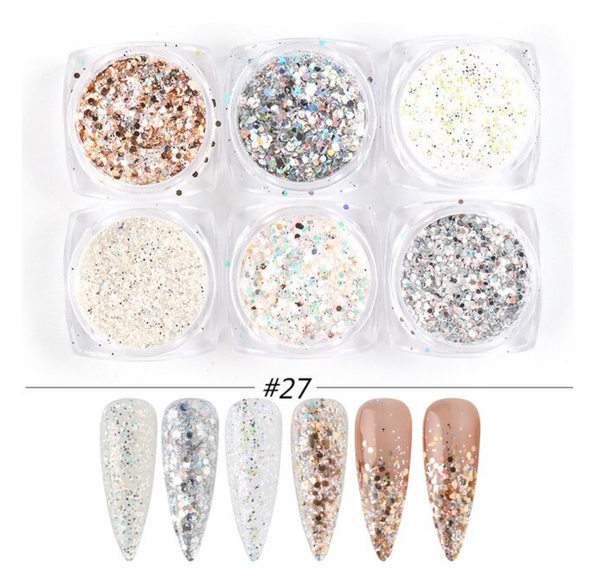 Glitter Poeder Nail Art Set - 6 Stuks - Parelmour / Zilver / Brons - Nagel Decoratie Strass - Gio Cosmetics