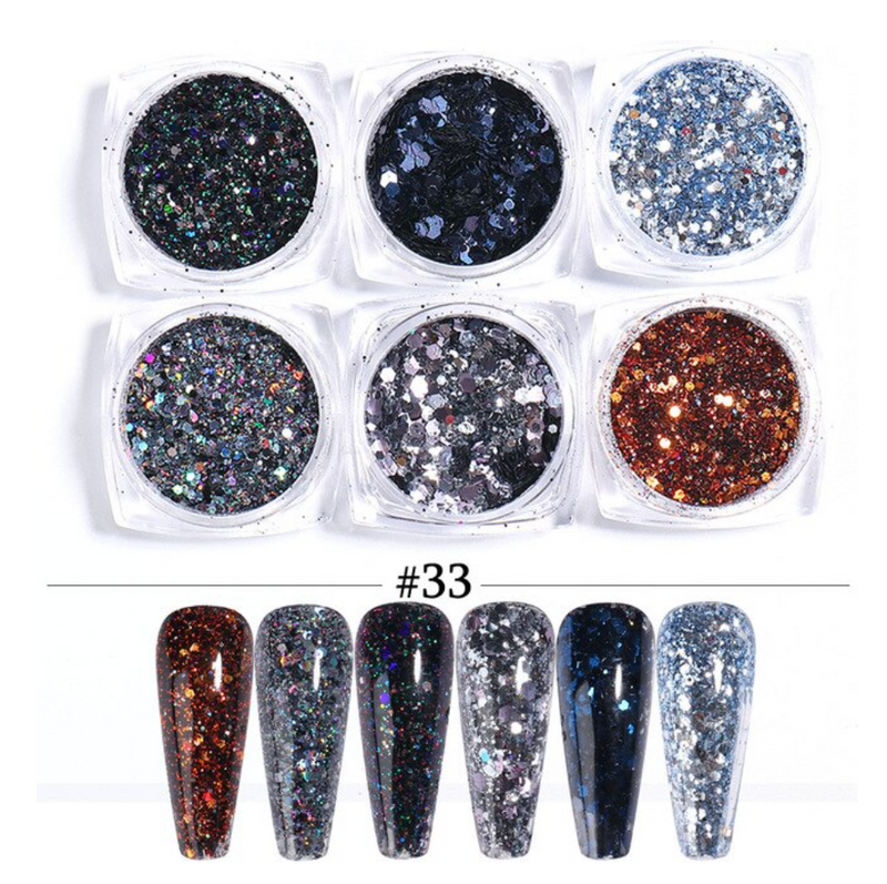 Glitter Poeder Nail Art Set - 6 Stuks - Navy / Zilver / Brons - Nagel Decoratie Strass - Gio Cosmetics