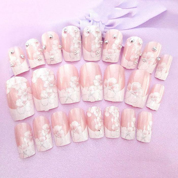 Plaknagels 24 stuks + lijm French Manicure Nail Art met bloem - Gio Cosmetics